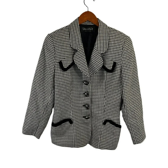 Tahari Cream and Black 100% Wool Houndstooth Pattern Velvet Trim Blazer Size 8 - Picture 1 of 7